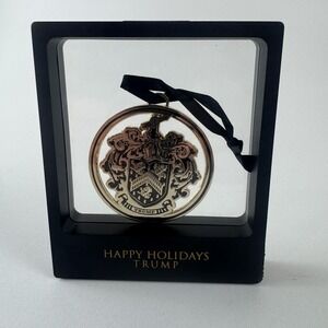 Trump Happy Holidays Crest Ornament With Display Box Gold Tone Metal Collectible